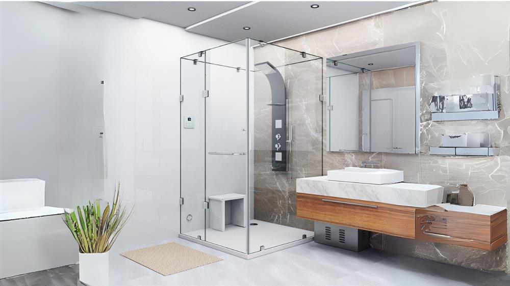 Modern bathroom with glass shower enclosure and wooden vanity